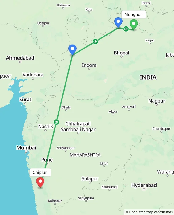 Route map showing distance and travel time from Mungaoli, India to Chiplun, India