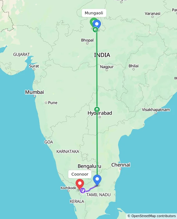 Route map showing distance and travel time from Mungaoli, India to Coonoor, India