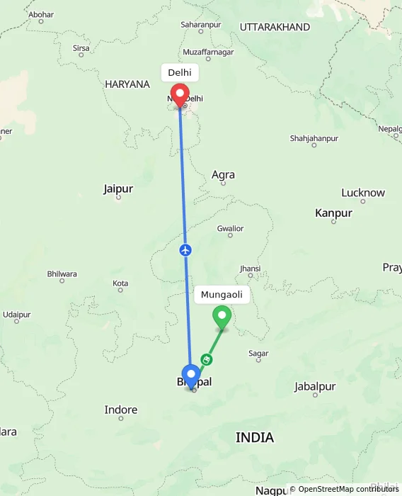 Route map showing distance and travel time from Mungaoli, India to Delhi, India