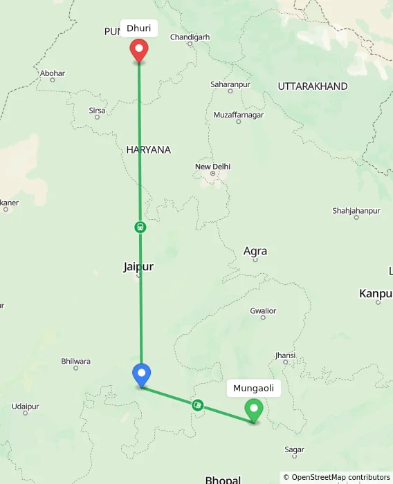 Route map showing distance and travel time from Mungaoli, India to Dhuri, India