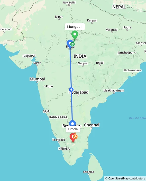 Route map showing distance and travel time from Mungaoli, India to Erode, India