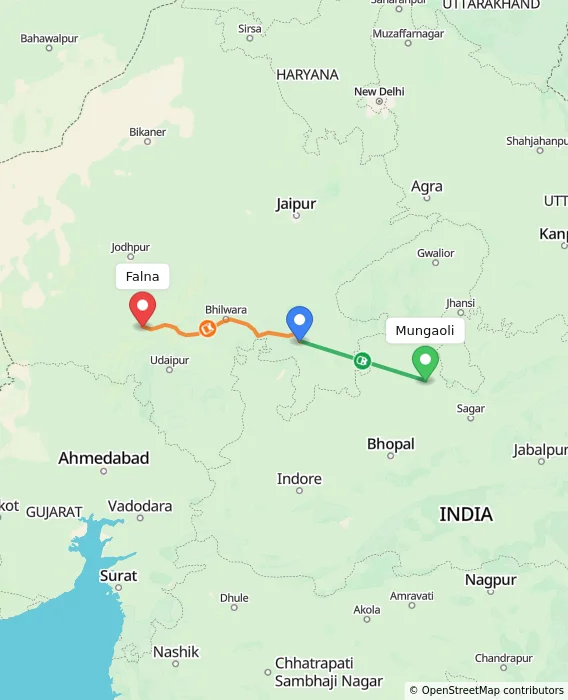 Route map showing distance and travel time from Mungaoli, India to Falna, India