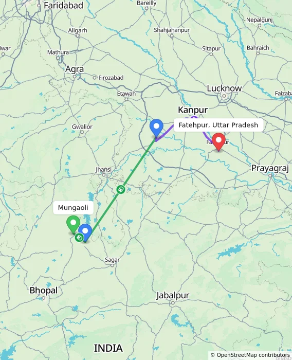Route map showing distance and travel time from Mungaoli, India to Fatehpur, Uttar Pradesh, India
