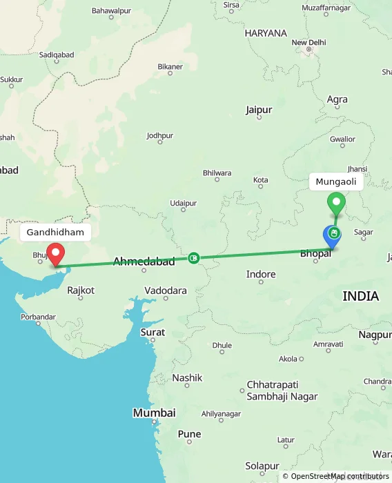 Route map showing distance and travel time from Mungaoli, India to Gandhidham, India