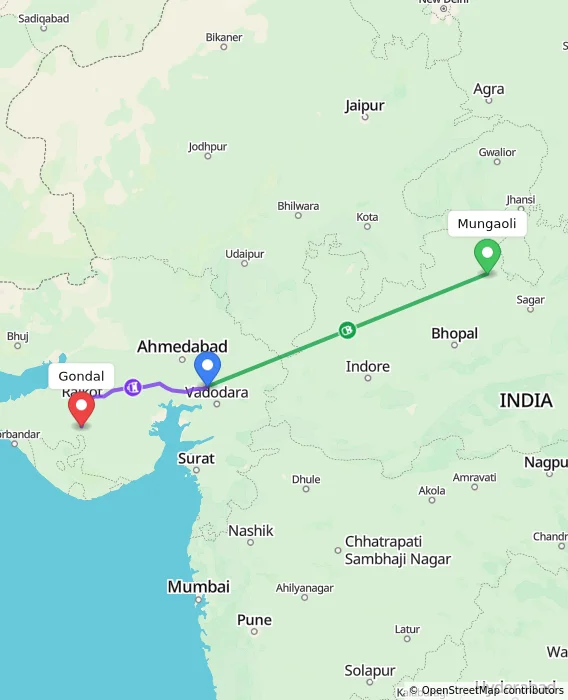 Route map showing distance and travel time from Mungaoli, India to Gondal, India
