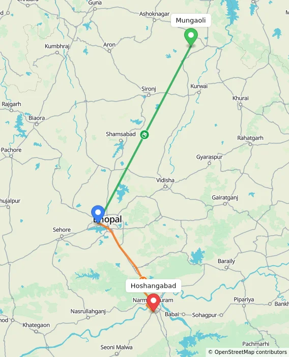 Route map showing distance and travel time from Mungaoli, India to Hoshangabad, India