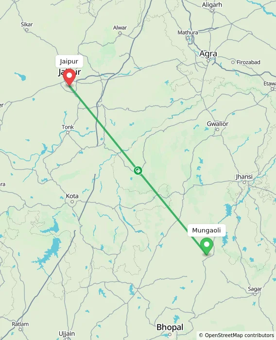 Route map showing distance and travel time from Mungaoli, India to Jaipur, India