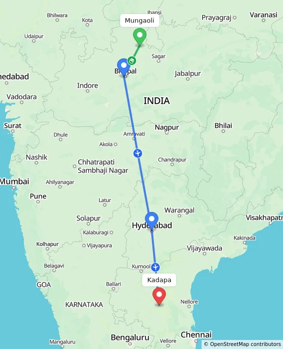 Route map showing distance and travel time from Mungaoli, India to Kadapa, India