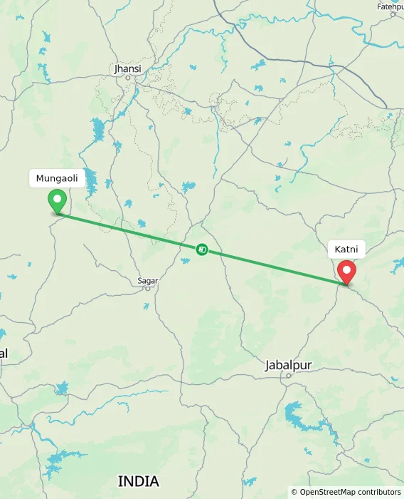 Route map showing distance and travel time from Mungaoli, India to Katni, India