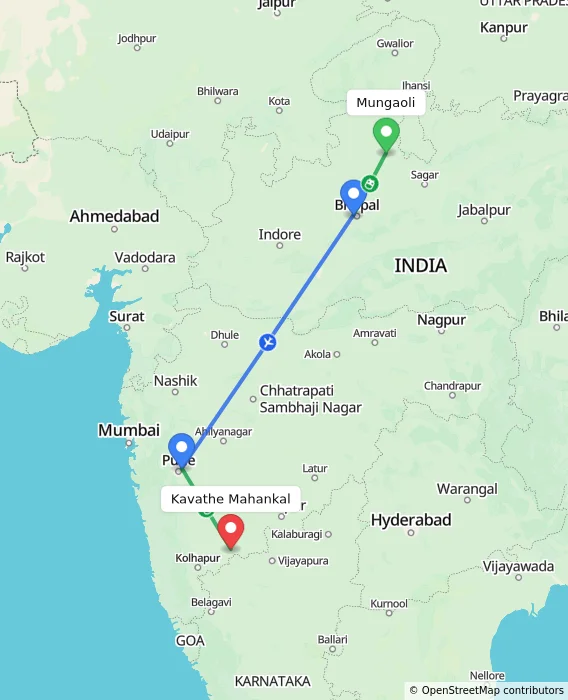 Route map showing distance and travel time from Mungaoli, India to Kavathe Mahankal, India