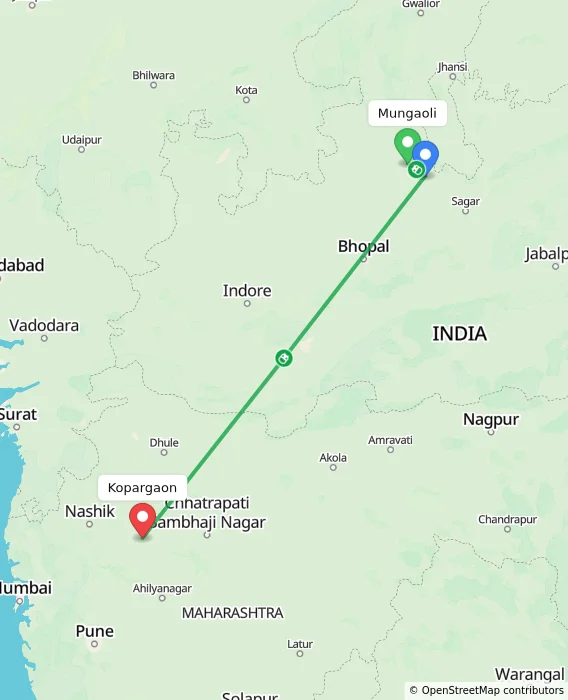 Route map showing distance and travel time from Mungaoli, India to Kopargaon, India