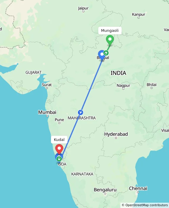 Route map showing distance and travel time from Mungaoli, India to Kudal, India