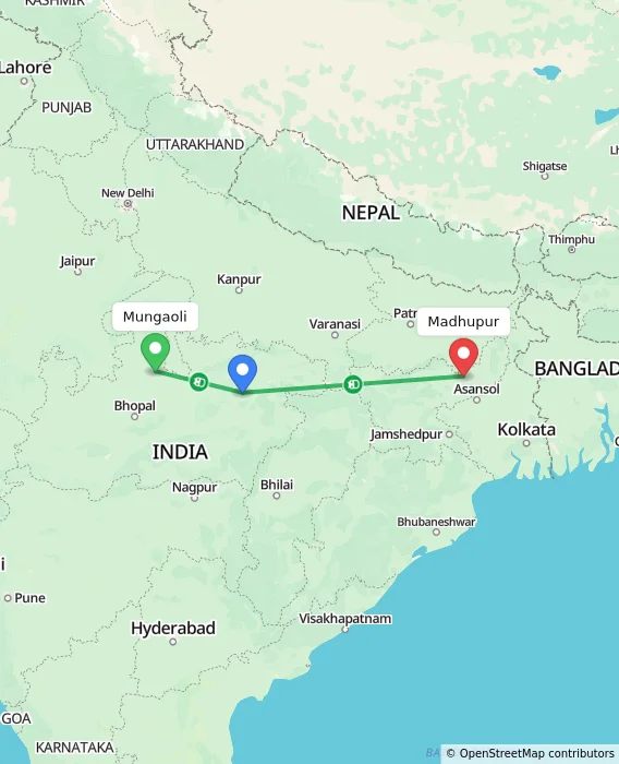 Route map showing distance and travel time from Mungaoli, India to Madhupur, India