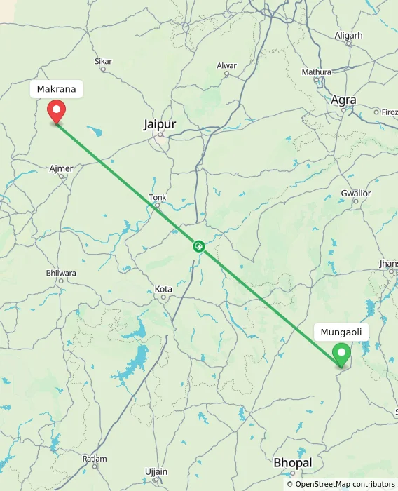Route map showing distance and travel time from Mungaoli, India to Makrana, India