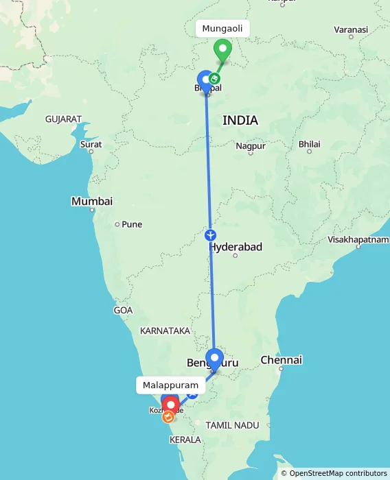 Route map showing distance and travel time from Mungaoli, India to Malappuram, India
