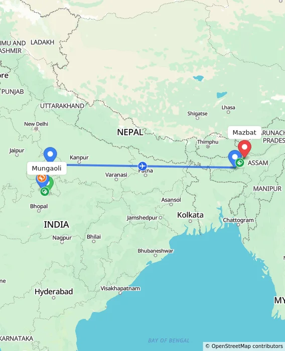 Route map showing distance and travel time from Mungaoli, India to Mazbat, India