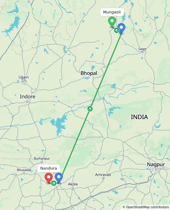 Route map showing distance and travel time from Mungaoli, India to Nandura, India