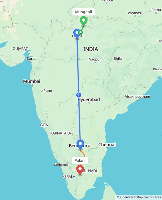Route map showing distance and travel time from Mungaoli, India to Palani, India