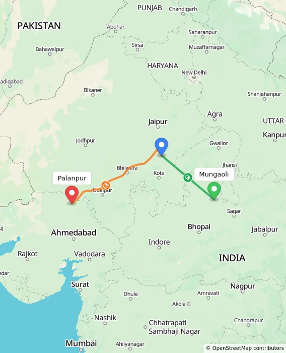 Route map showing distance and travel time from Mungaoli, India to Palanpur, India