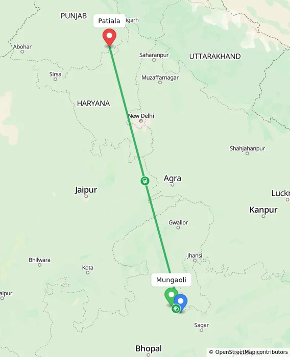 Route map showing distance and travel time from Mungaoli, India to Patiala, India