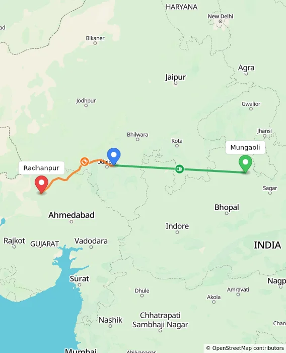 Route map showing distance and travel time from Mungaoli, India to Radhanpur, India
