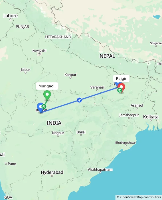 Route map showing distance and travel time from Mungaoli, India to Rajgir, India