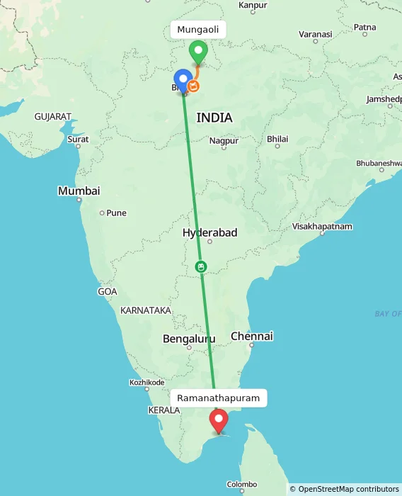 Route map showing distance and travel time from Mungaoli, India to Ramanathapuram, India