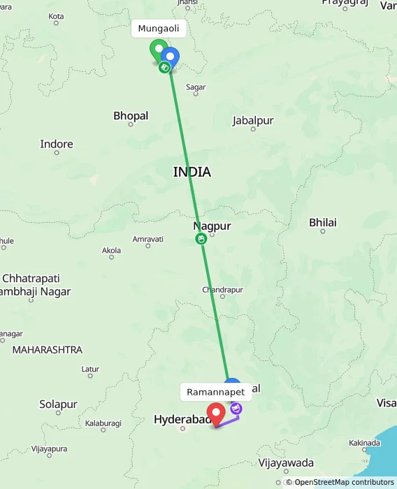 Route map showing distance and travel time from Mungaoli, India to Ramannapet, India