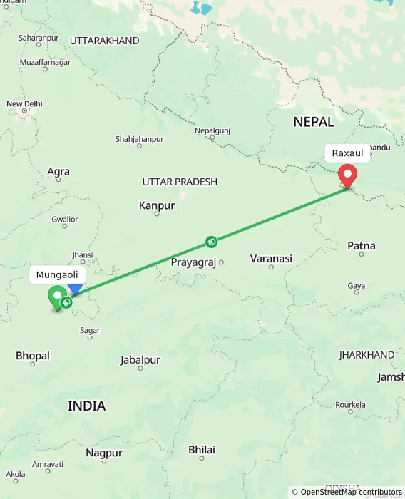 Route map showing distance and travel time from Mungaoli, India to Raxaul, India