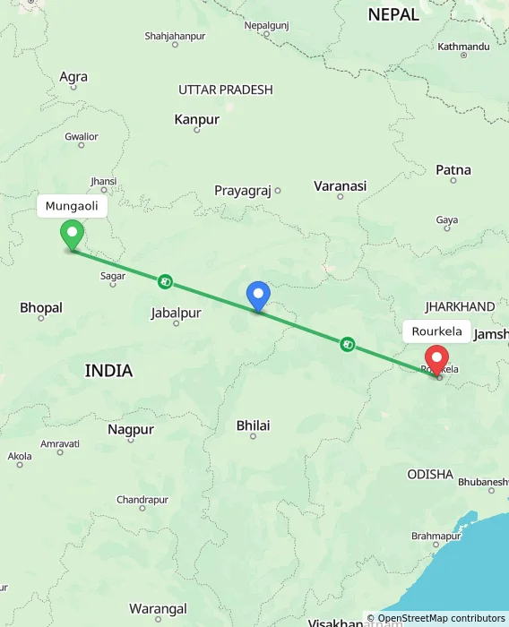 Route map showing distance and travel time from Mungaoli, India to Rourkela, India