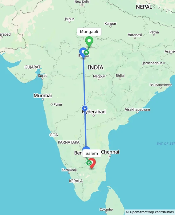 Route map showing distance and travel time from Mungaoli, India to Salem, India