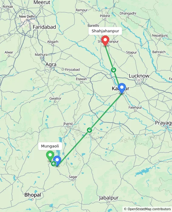 Route map showing distance and travel time from Mungaoli, India to Shahjahanpur, India