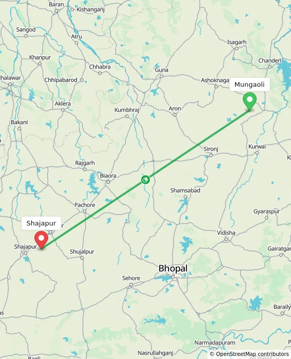 Route map showing distance and travel time from Mungaoli, India to Shajapur, India