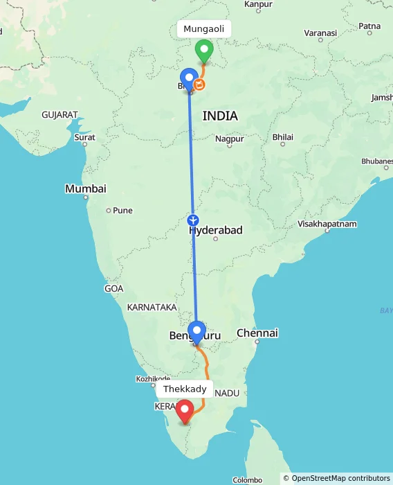 Route map showing distance and travel time from Mungaoli, India to Thekkady, India