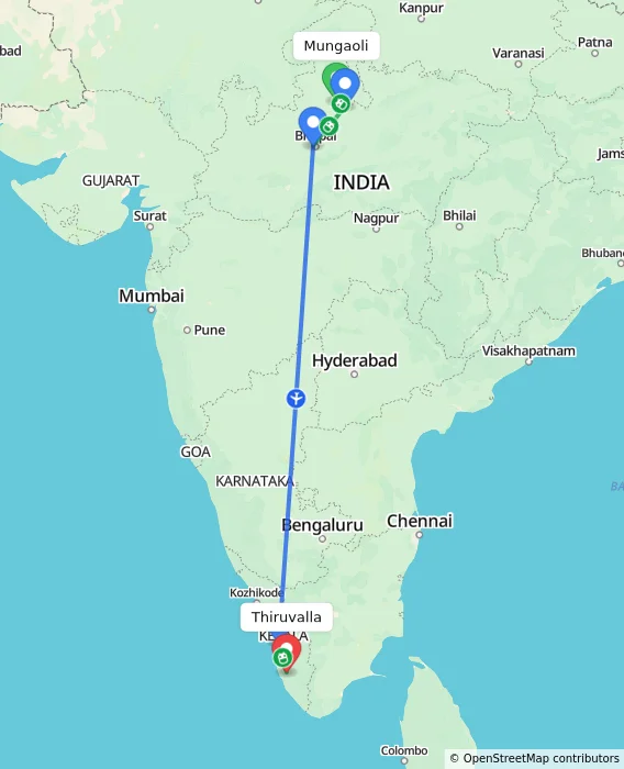 Route map showing distance and travel time from Mungaoli, India to Thiruvalla, India