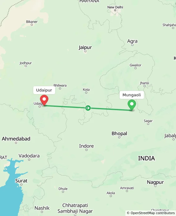Route map showing distance and travel time from Mungaoli, India to Udaipur, India