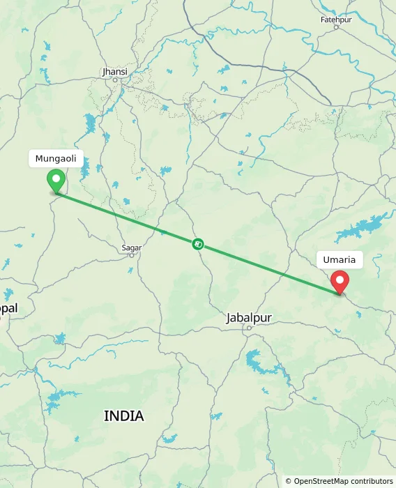 Route map showing distance and travel time from Mungaoli, India to Umaria, India