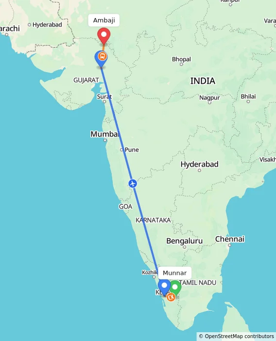 Route map showing distance and travel time from Munnar, India to Ambaji, India