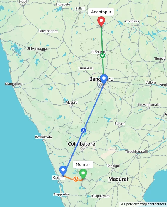 Route map showing distance and travel time from Munnar, India to Anantapur, India
