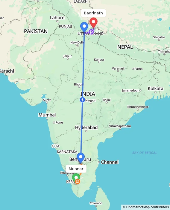 Route map showing distance and travel time from Munnar, India to Badrinath, India