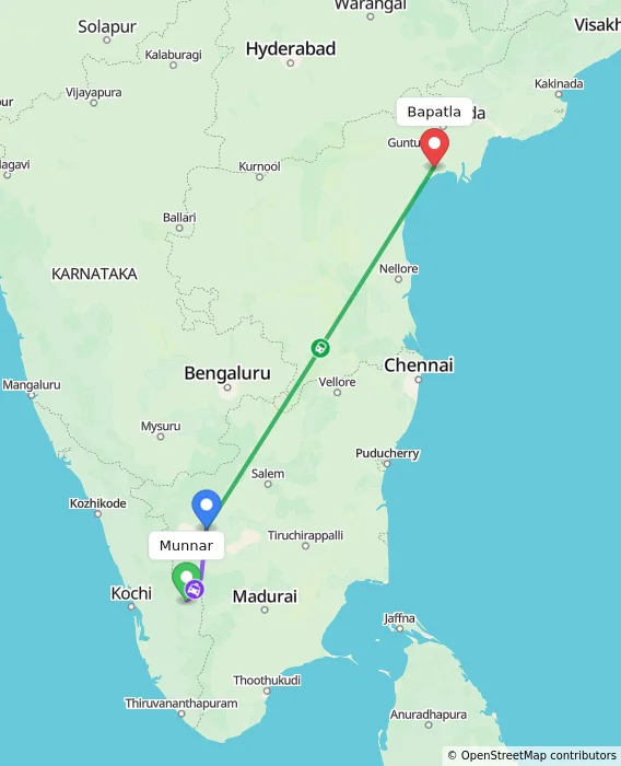 Route map showing distance and travel time from Munnar, India to Bapatla, India