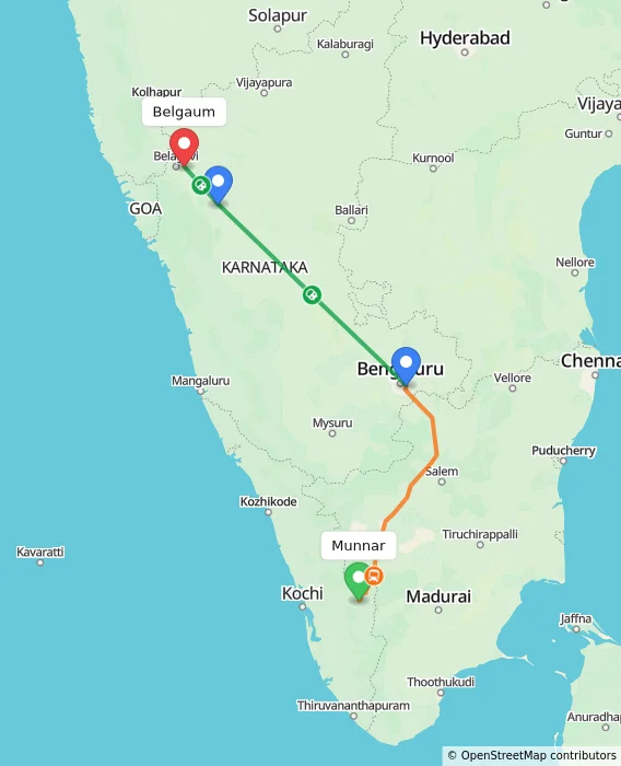 Route map showing distance and travel time from Munnar, India to Belgaum, India
