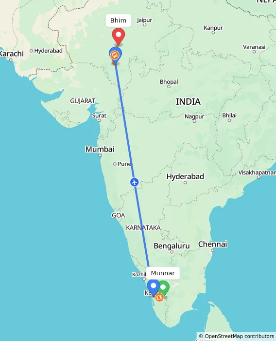 Route map showing distance and travel time from Munnar, India to Bhim, India