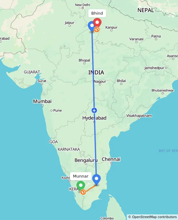 Route map showing distance and travel time from Munnar, India to Bhind, India