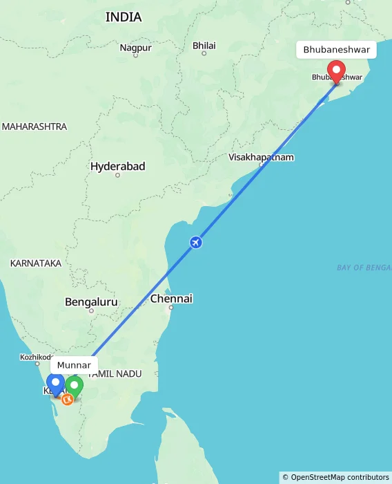Route map showing distance and travel time from Munnar, India to Bhubaneshwar, India