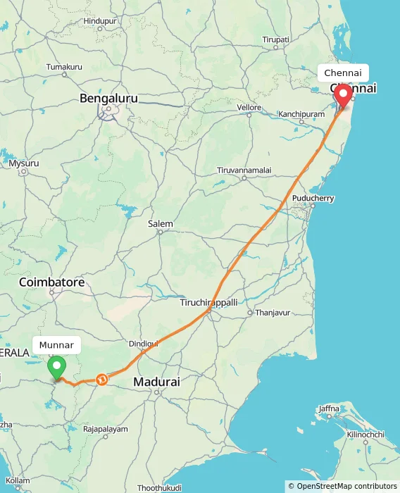 Route map showing distance and travel time from Munnar, India to Chennai, India