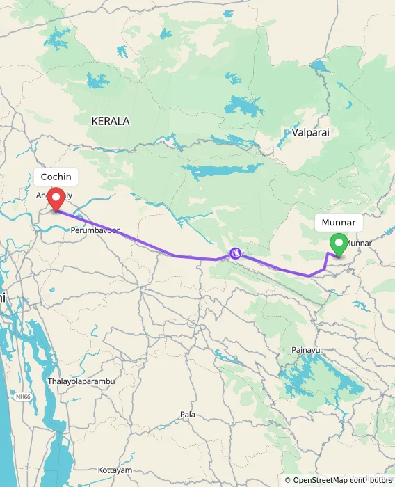 Route map showing distance and travel time from Munnar, India to Cochin, India