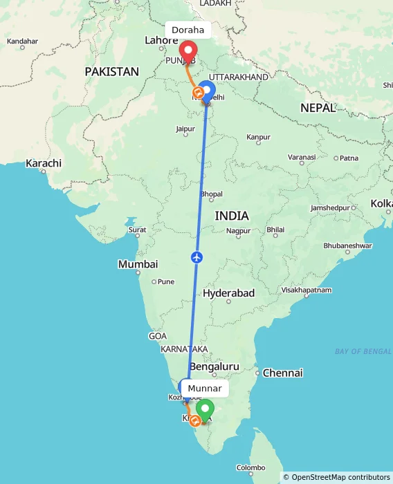 Route map showing distance and travel time from Munnar, India to Doraha, India