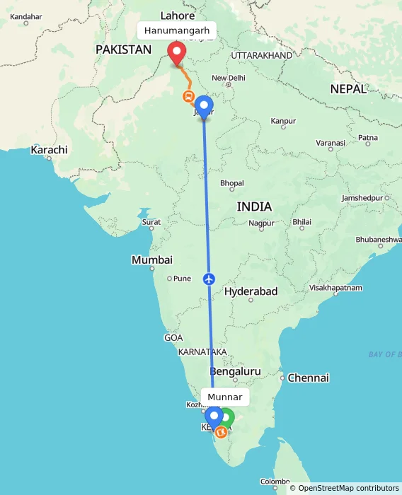 Route map showing distance and travel time from Munnar, India to Hanumangarh, India