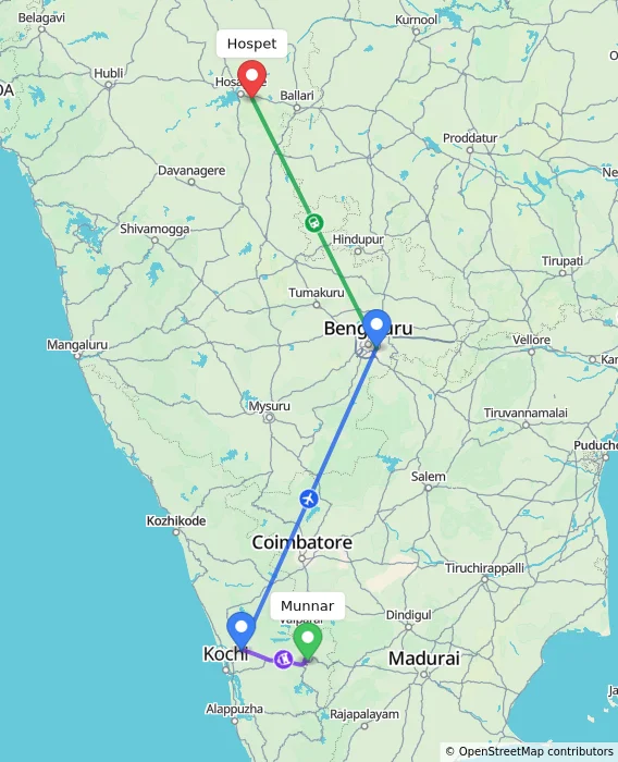 Route map showing distance and travel time from Munnar, India to Hospet, India